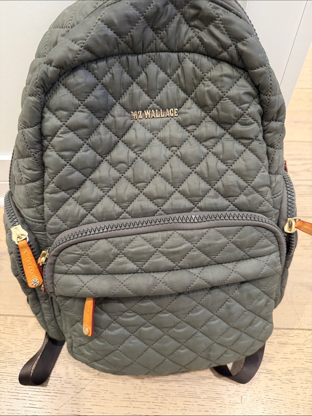 MZ Wallace Quilted Olive Backpack with Tan Accents